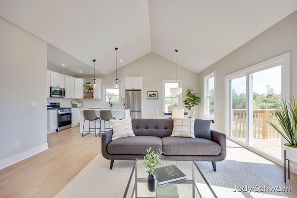 Dining room, Interior, Kitchen, Living room, Pendant Lights, Recessed Lighting, Stainless Steel Appliances, Wood Texture Flooring