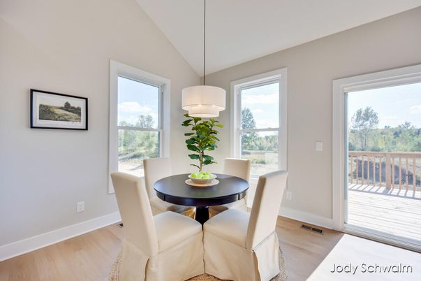 Dining room, Interior, Pendant Lights, Wood Texture Flooring
