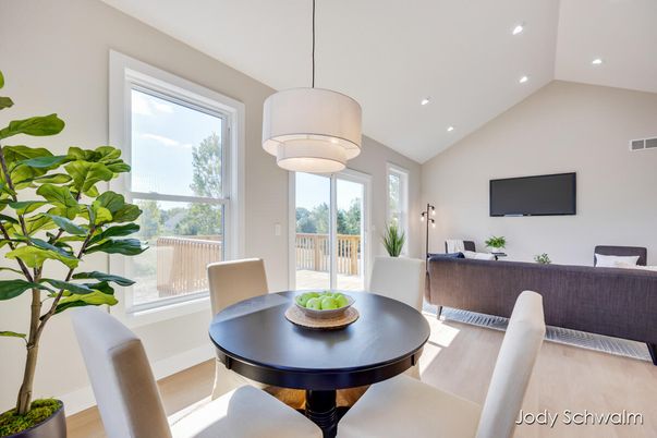 Dining room, Interior, Pendant Lights, Recessed Lighting, Wood Texture Flooring