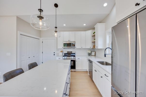 Interior, Kitchen, Pendant Lights, Recessed Lighting, Stainless Steel Appliances, Wood Texture Flooring