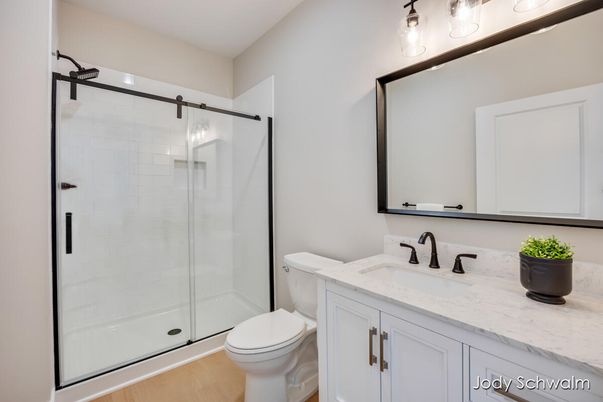 Bathroom, Glass Shower, Interior, Wood Texture Flooring