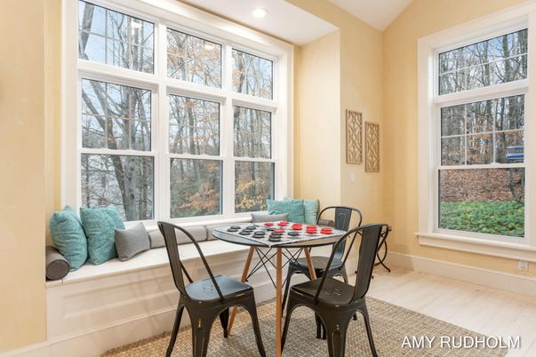 Dining room, Interior, Recessed Lighting, Wood Texture Flooring