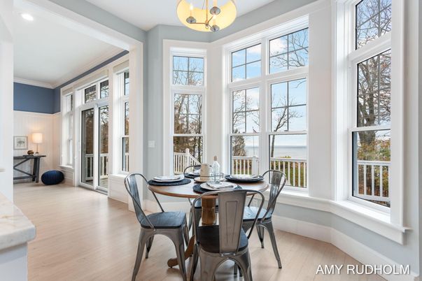 Dining room, Interior, Pendant Lights, Recessed Lighting, Wood Texture Flooring