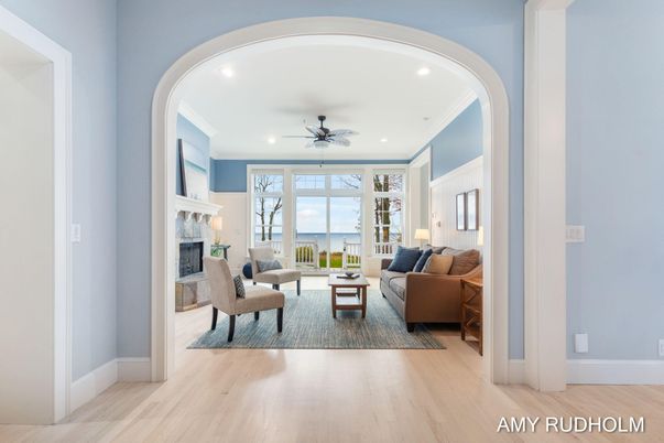 Fireplace, Interior, Living room, Recessed Lighting, Wood Texture Flooring