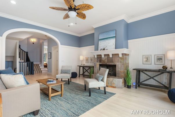 Fireplace, Interior, Living room, Recessed Lighting, Wood Texture Flooring
