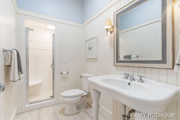 Bathroom, Glass Shower, Interior, Wood Texture Flooring