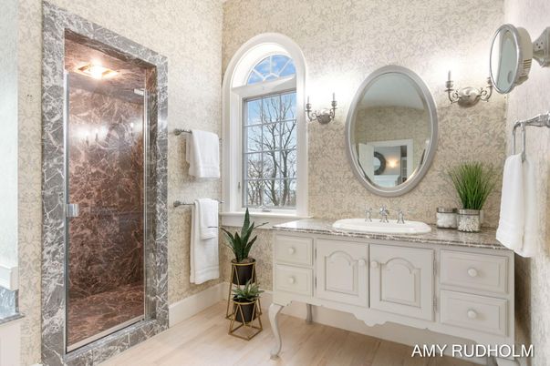 Bathroom, Glass Shower, Interior, Wood Texture Flooring