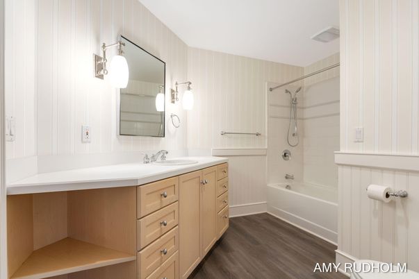 Bathroom, Dual Sink Vanities, Glass Shower, Interior, Wood Texture Flooring