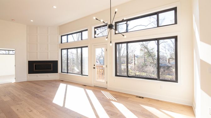 Empty room, Fireplace, Interior, Pendant Lights, Recessed Lighting, Wood Texture Flooring