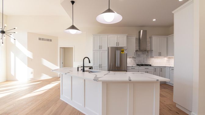 Interior, Kitchen, Pendant Lights, Recessed Lighting, Stainless Steel Appliances, Wood Texture Flooring