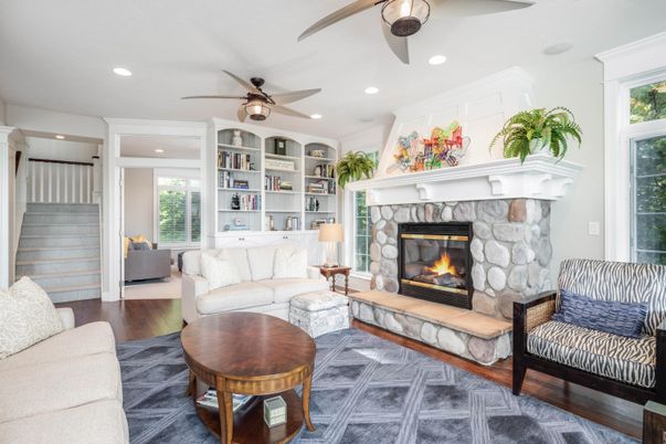 Fireplace, Interior, Living room, Recessed Lighting, Wood Texture Flooring
