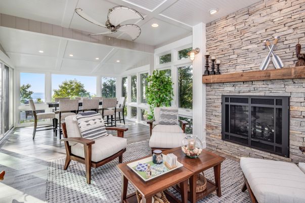 Dining room, Fireplace, Interior, Living room, Recessed Lighting, Stone Walls, Wood Texture Flooring