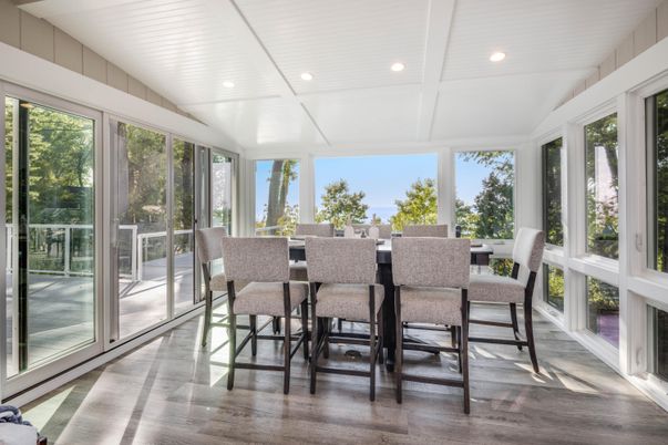 Dining room, Interior, Recessed Lighting, Sun Room, Wood Texture Flooring