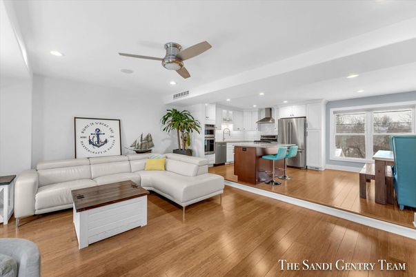 Interior, Kitchen, Living room, Recessed Lighting, Stainless Steel Appliances, Wood Texture Flooring