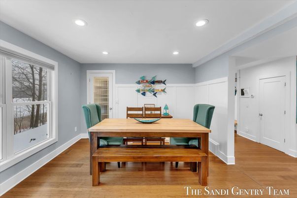 Dining room, Interior, Recessed Lighting, Wood Texture Flooring