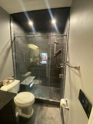 Bathroom, Glass Shower, Interior, Recessed Lighting, Wood Texture Flooring