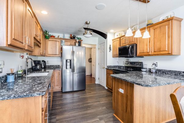 Interior, Kitchen, Pendant Lights, Recessed Lighting, Wood Texture Flooring