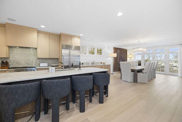 Chandelier, Dining room, Interior, Kitchen, Pendant Lights, Recessed Lighting, Stainless Steel Appliances, Wood Texture Flooring