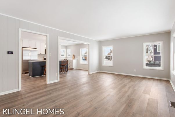 Empty room, Interior, Kitchen, Stainless Steel Appliances, Wood Texture Flooring