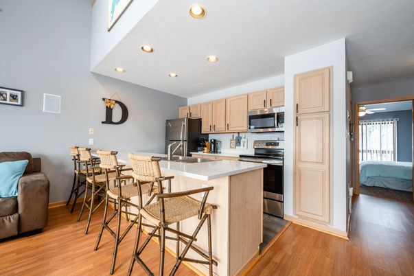 Interior, Kitchen, Recessed Lighting, Stainless Steel Appliances, Wood Texture Flooring