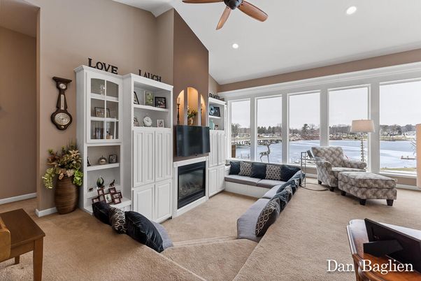 Fireplace, Interior, Living room, Recessed Lighting, Water