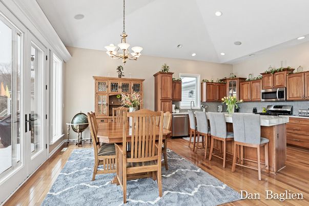 Chandelier, Dining room, Interior, Kitchen, Recessed Lighting, Stainless Steel Appliances, Wood Texture Flooring