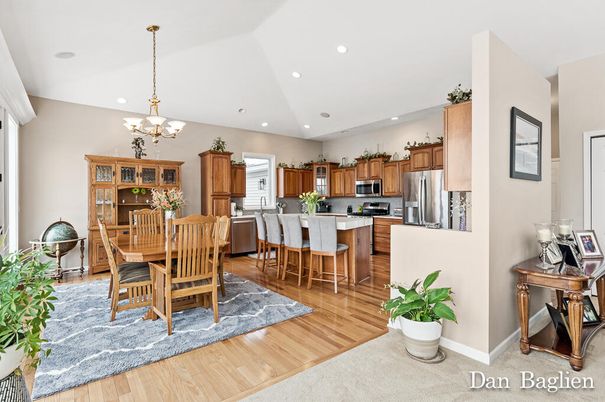 Chandelier, Dining room, Interior, Kitchen, Recessed Lighting, Stainless Steel Appliances, Wood Texture Flooring