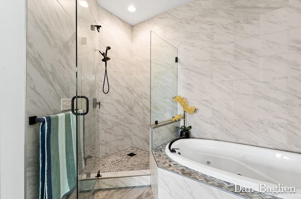 Bathroom, Glass Shower, Interior, Marble Walls, Recessed Lighting