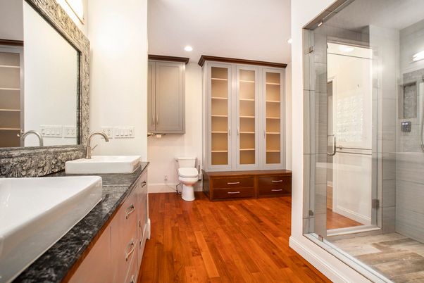 Bathroom, Dual Sink Vanities, Glass Shower, Interior, Recessed Lighting, Wood Texture Flooring