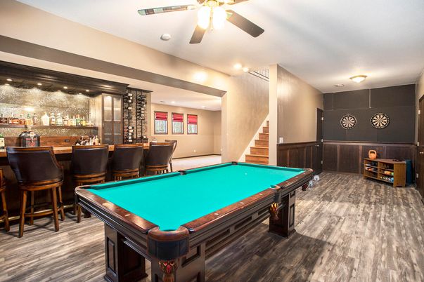 Billiard Table, Game Room, Interior, Recessed Lighting, Wood Texture Flooring