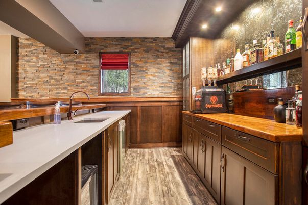 Interior, Kitchen, Recessed Lighting, Stone Walls, Wood Texture Flooring