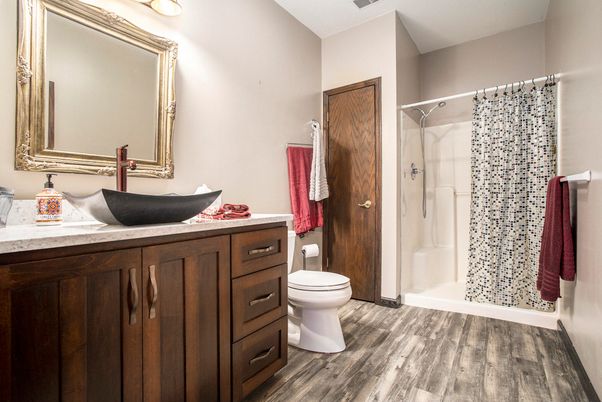 Bathroom, Glass Shower, Interior, Wood Texture Flooring