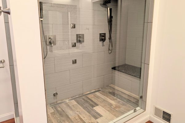 Bathroom, Glass Shower, Interior, Wood Texture Flooring