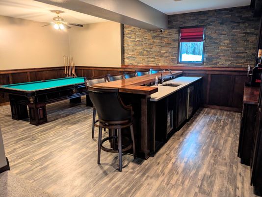 Billiard Table, Game Room, Interior, Recessed Lighting, Stone Walls, Wood Texture Flooring