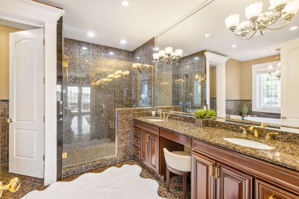 Bathroom, Chandelier, Dual Sink Vanities, Glass Shower, Interior, Recessed Lighting