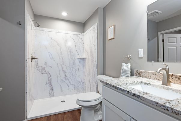 Bathroom, Interior, Marble Walls, Recessed Lighting, Wood Texture Flooring