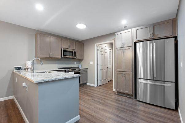 Interior, Kitchen, Recessed Lighting, Stainless Steel Appliances, Wood Texture Flooring