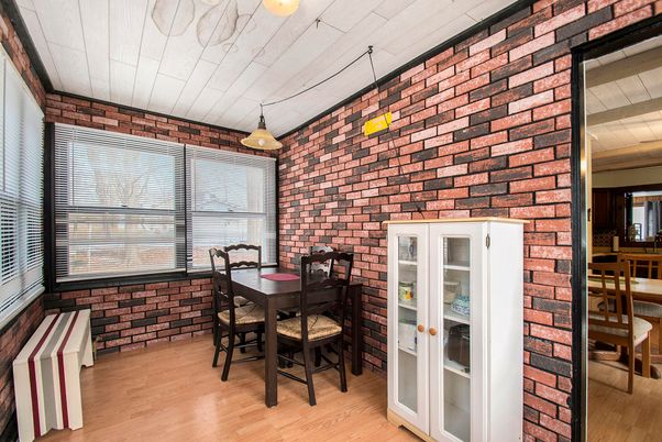 Dining room, Interior, Pendant Lights, Stone Walls, Wood Texture Flooring