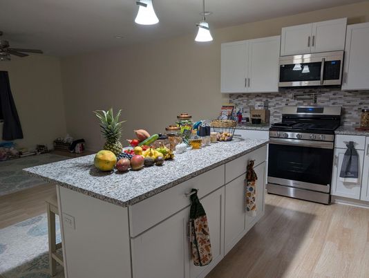 Interior, Kitchen, Pendant Lights, Stainless Steel Appliances, Wood Texture Flooring