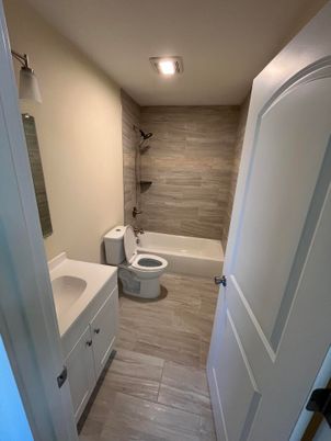 Bathroom, Dual Sink Vanities, Interior, Wood Texture Flooring, Wooden Walls