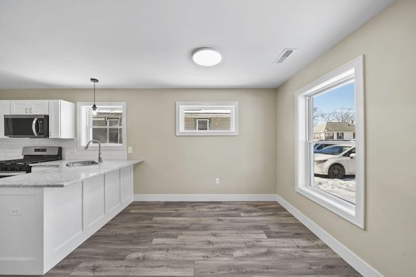 Interior, Kitchen, Pendant Lights, Wood Texture Flooring