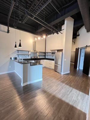 Interior, Kitchen, Pendant Lights, Stainless Steel Appliances, Wood Texture Flooring