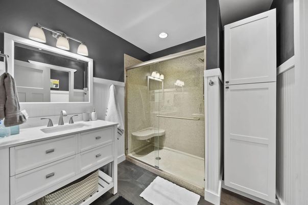 Bathroom, Glass Shower, Interior, Recessed Lighting, Wood Texture Flooring