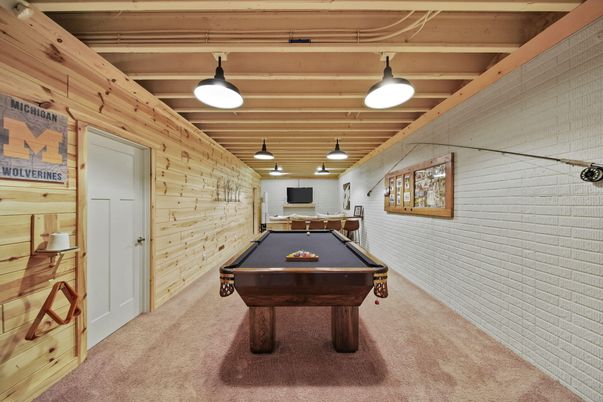 Billiard Table, Game Room, Interior, Pendant Lights, Stone Walls, Wooden Beams, Wooden Ceilings, Wooden Walls