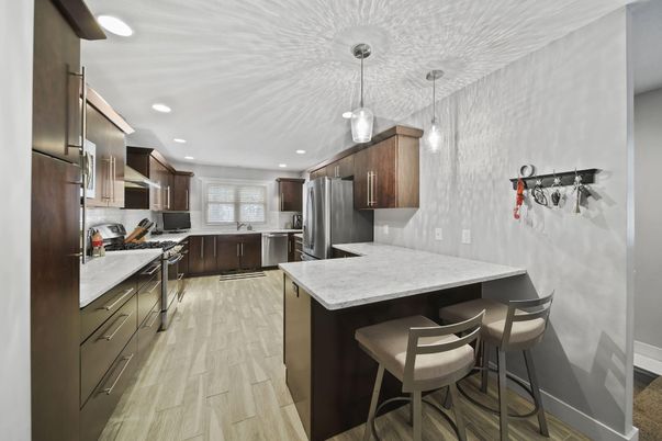 Interior, Kitchen, Pendant Lights, Recessed Lighting, Stainless Steel Appliances, Wood Texture Flooring