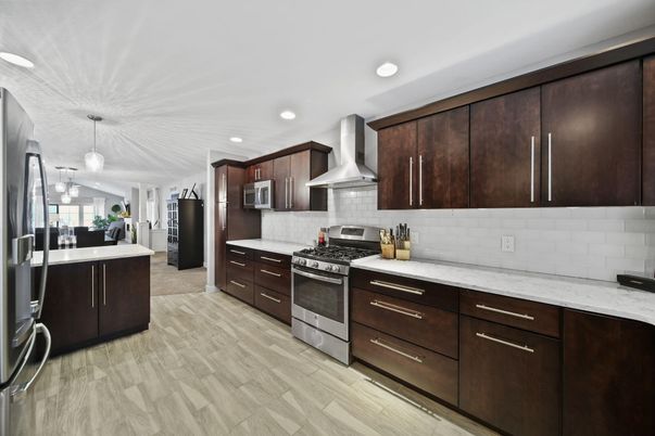 Interior, Kitchen, Pendant Lights, Recessed Lighting, Stainless Steel Appliances, Wood Texture Flooring