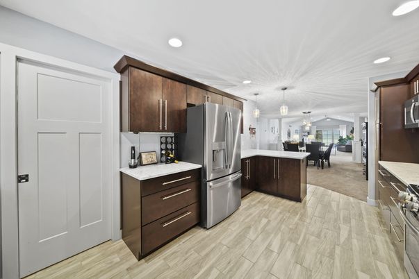 Dining room, Interior, Kitchen, Pendant Lights, Recessed Lighting, Stainless Steel Appliances, Wood Texture Flooring