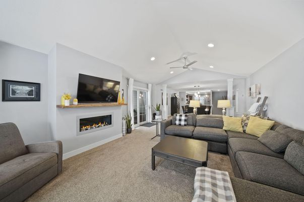 Dining room, Fireplace, Interior, Living room, Pendant Lights, Recessed Lighting