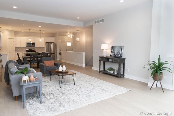 Dining room, Interior, Kitchen, Living room, Pendant Lights, Recessed Lighting, Stainless Steel Appliances, Wood Texture Flooring