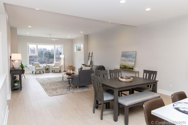 Dining room, Interior, Living room, Recessed Lighting, Wood Texture Flooring